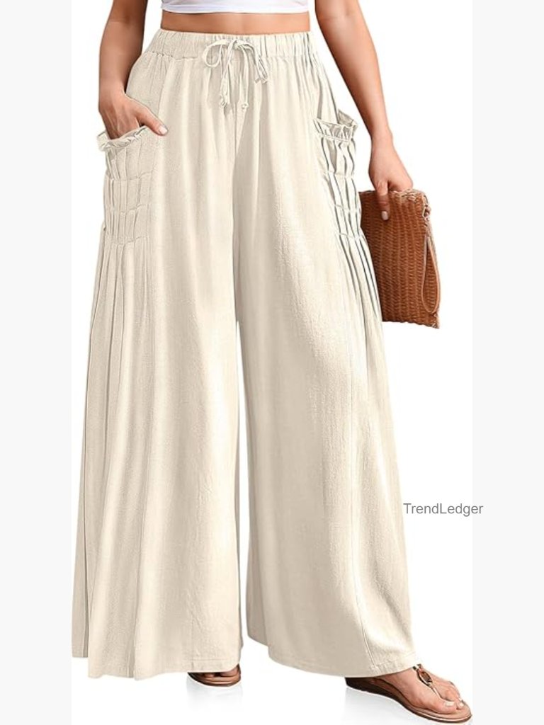 Women Wide Leg Linen Palazzo Pants Boho Drawstring Casual Lounge
